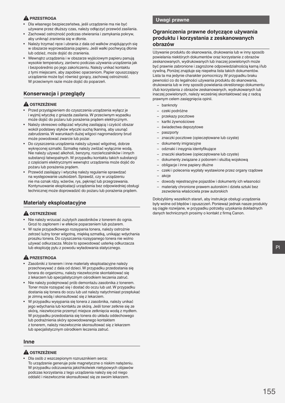 Konserwacja i przeglądy, Materiały eksploatacyjne, Inne | Uwagi prawne | Canon i-SENSYS FAX-L410 User Manual | Page 155 / 236