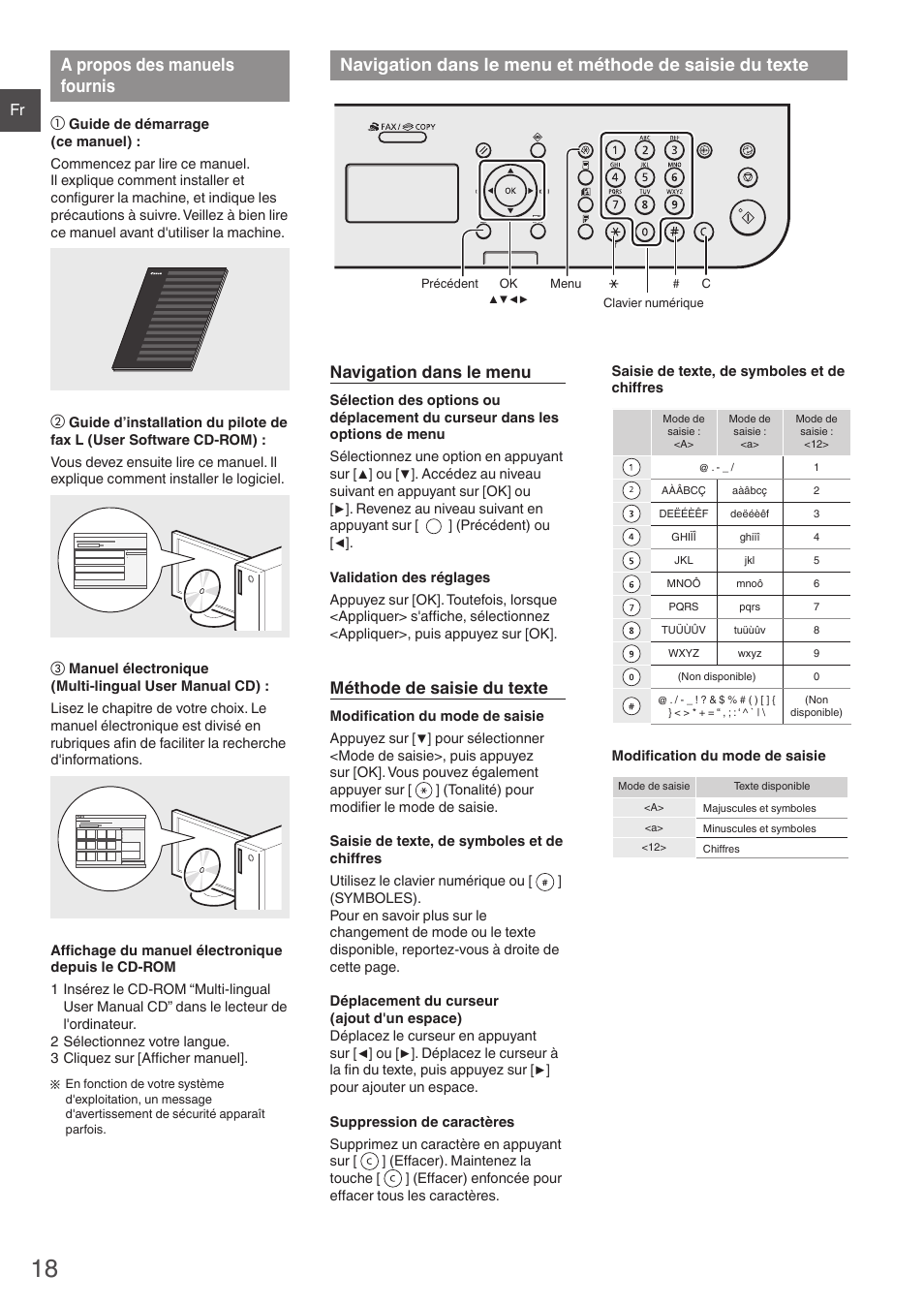 A propos des manuels fournis, Navigation dans le menu et méthode, De saisie du texte | Navigation dans le menu, Méthode de saisie du texte | Canon i-SENSYS FAX-L410 User Manual | Page 18 / 236