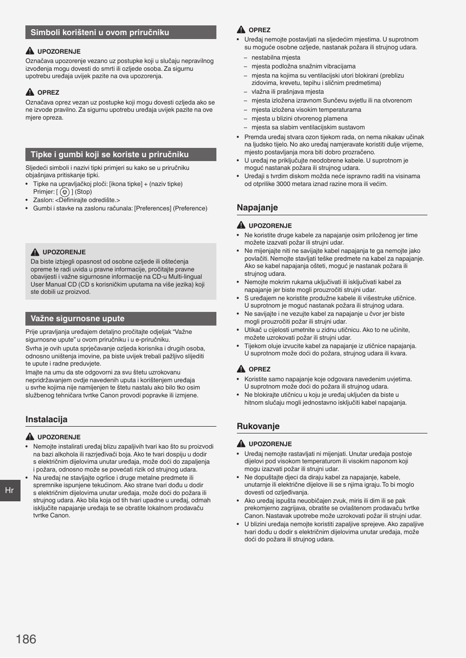 Instalacija, Napajanje, Rukovanje | Hr simboli korišteni u ovom priručniku, Tipke i gumbi koji se koriste u priručniku, Važne sigurnosne upute | Canon i-SENSYS FAX-L410 User Manual | Page 186 / 236