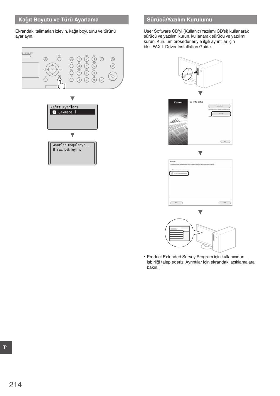 Kağıt boyutu ve türü ayarlama, Sürücü/yazılım kurulumu | Canon i-SENSYS FAX-L410 User Manual | Page 214 / 236
