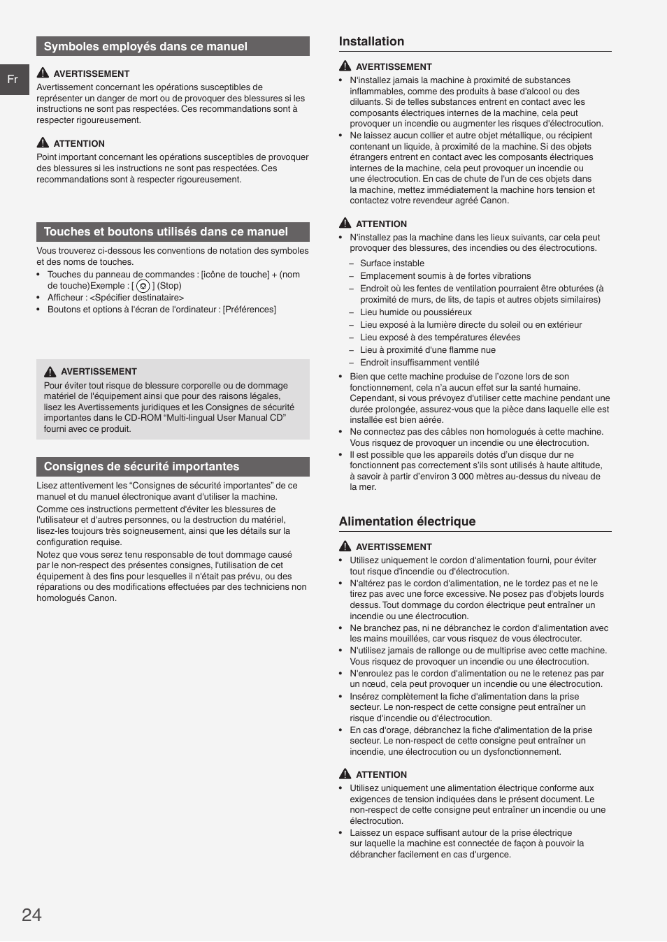 Installation, Alimentation électrique, Fr symboles employés dans ce manuel | Touches et boutons utilisés dans ce manuel, Consignes de sécurité importantes | Canon i-SENSYS FAX-L410 User Manual | Page 24 / 236