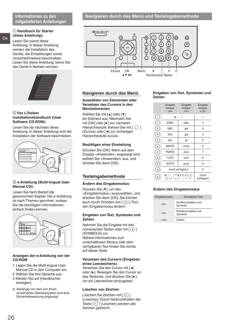 Informationen zu den mitgelieferten, Anleitungen, Navigieren durch das menü und | Texteingabemethode, Informationen zu den mitgelieferten anleitungen, Navigieren durch das menü und texteingabemethode, Navigieren durch das menü | Canon i-SENSYS FAX-L410 User Manual | Page 26 / 236
