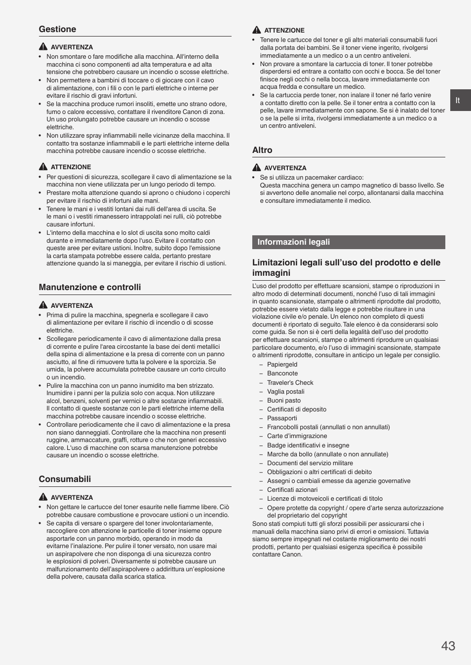 Gestione, Manutenzione e controlli, Consumabili | Altro, Informazioni legali | Canon i-SENSYS FAX-L410 User Manual | Page 43 / 236
