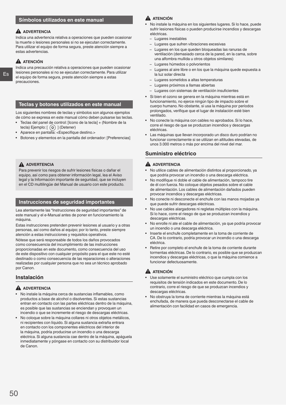 Instalación, Suministro eléctrico, Es símbolos utilizados en este manual | Teclas y botones utilizados en este manual, Instrucciones de seguridad importantes | Canon i-SENSYS FAX-L410 User Manual | Page 50 / 236