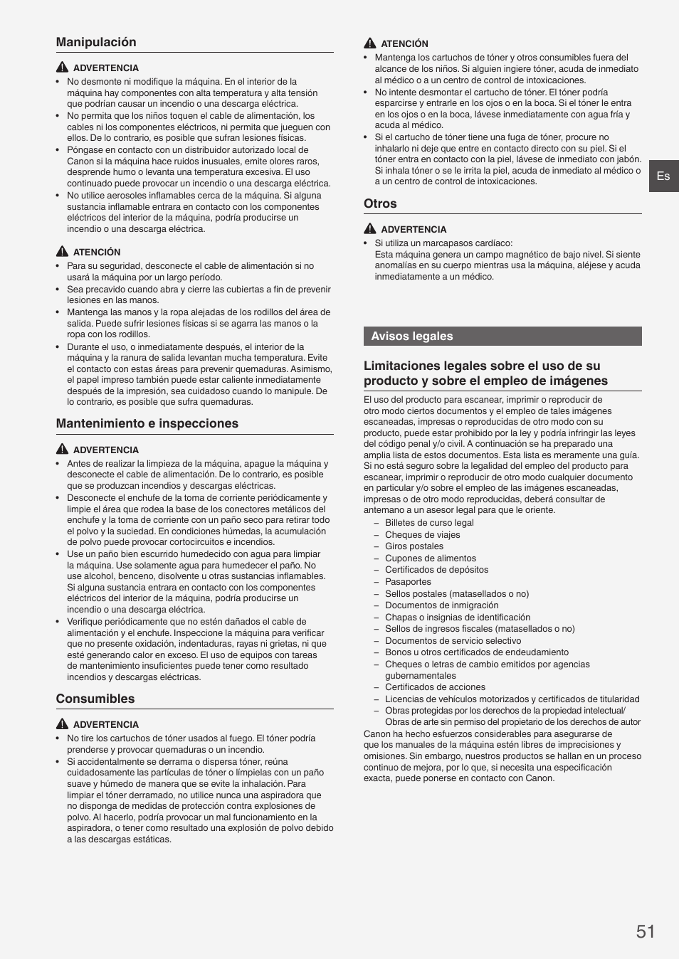 Manipulación, Mantenimiento e inspecciones, Consumibles | Otros, Avisos legales | Canon i-SENSYS FAX-L410 User Manual | Page 51 / 236