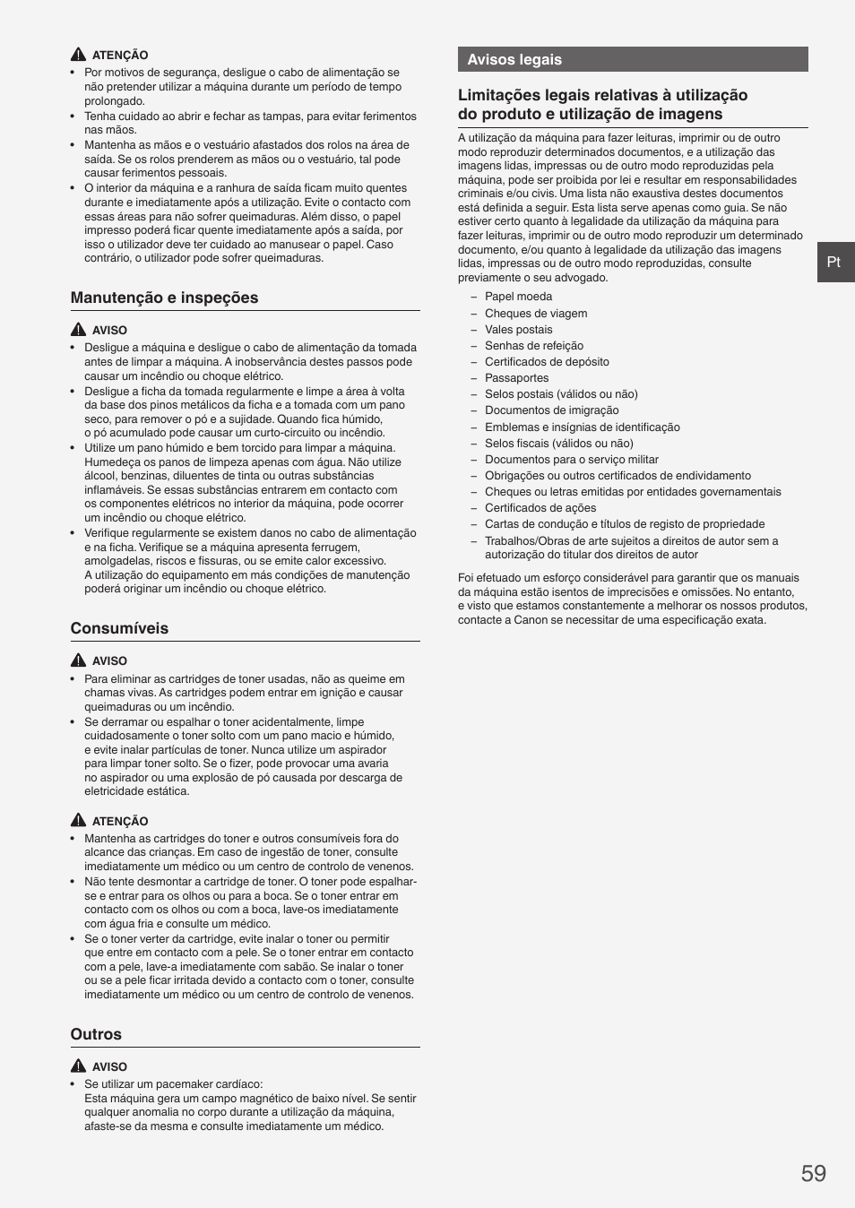 Manutenção e inspeções, Consumíveis, Outros | Avisos legais | Canon i-SENSYS FAX-L410 User Manual | Page 59 / 236