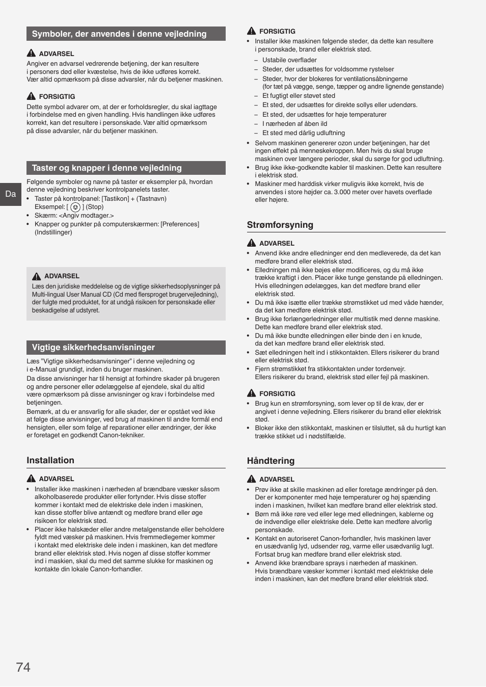 Installation, Strømforsyning, Håndtering | Da symboler, der anvendes i denne vejledning, Taster og knapper i denne vejledning, Vigtige sikkerhedsanvisninger | Canon i-SENSYS FAX-L410 User Manual | Page 74 / 236