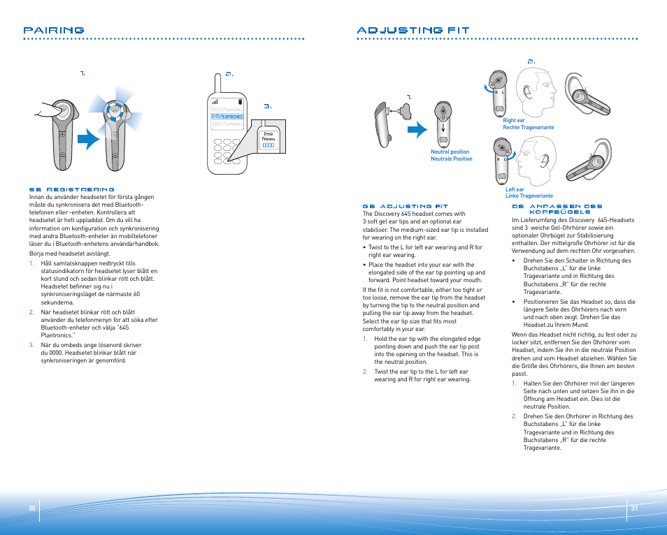 Adjusting fit, Pairing | Plantronics Discovery 645 User Manual | Page 16 / 32