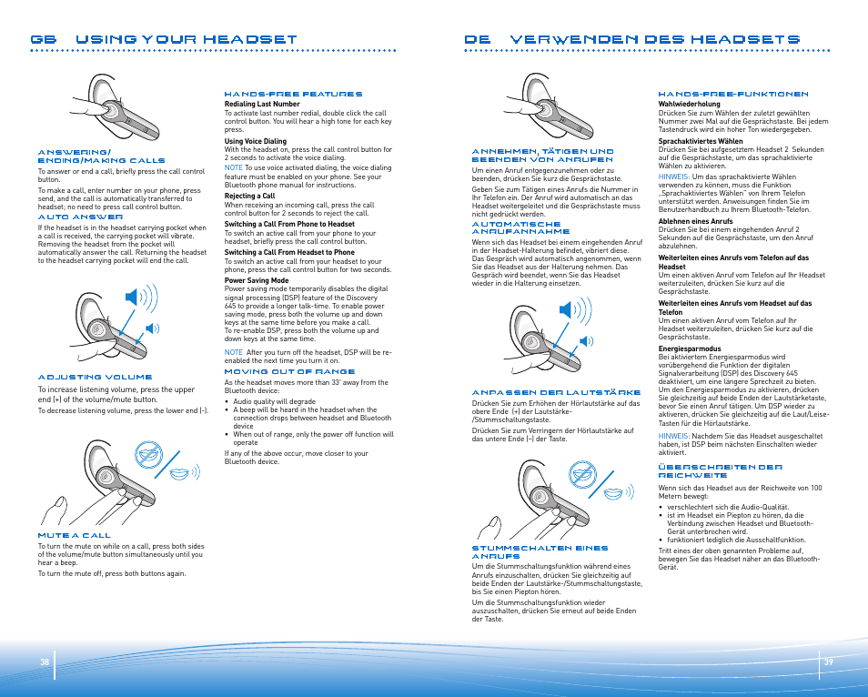 Gb using your headset, De verwenden des headsets | Plantronics Discovery 645 User Manual | Page 20 / 32