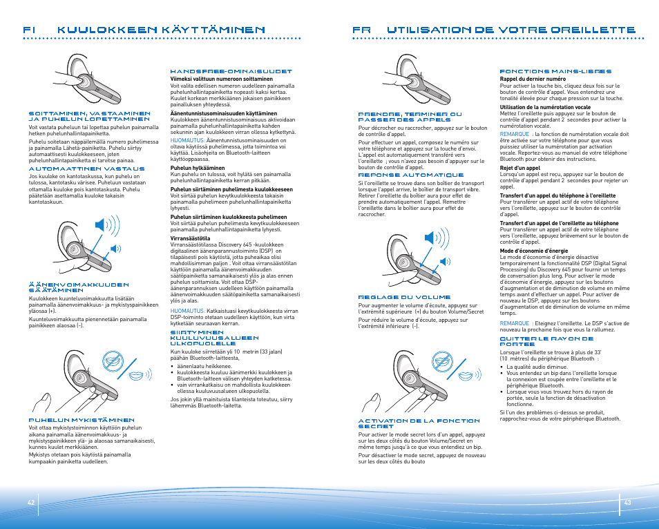 Fi kuulokkeen käyttäminen, Fr utilisation de votre oreillette | Plantronics Discovery 645 User Manual | Page 22 / 32