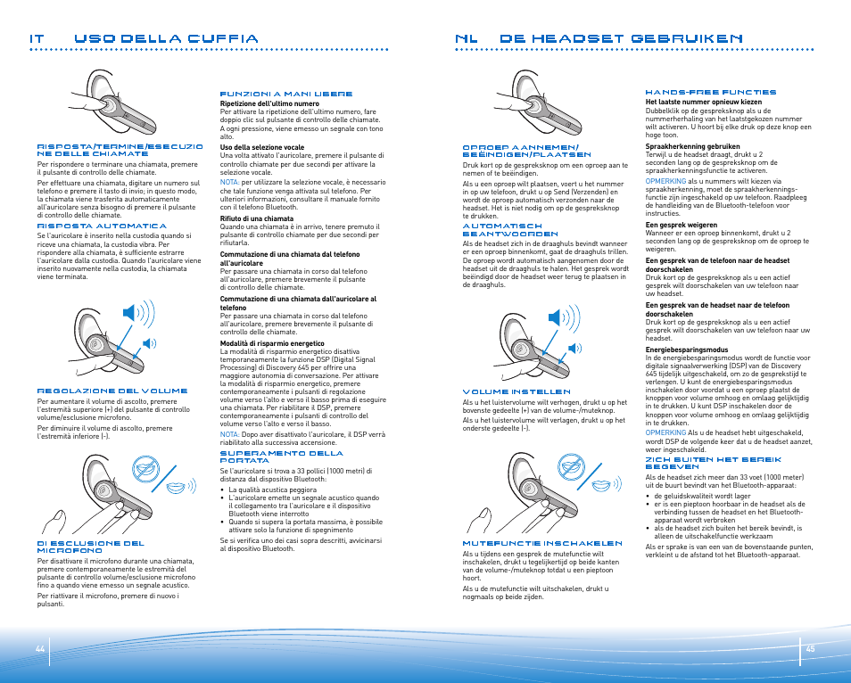 It uso della cuffia, Nl de headset gebruiken | Plantronics Discovery 645 User Manual | Page 23 / 32