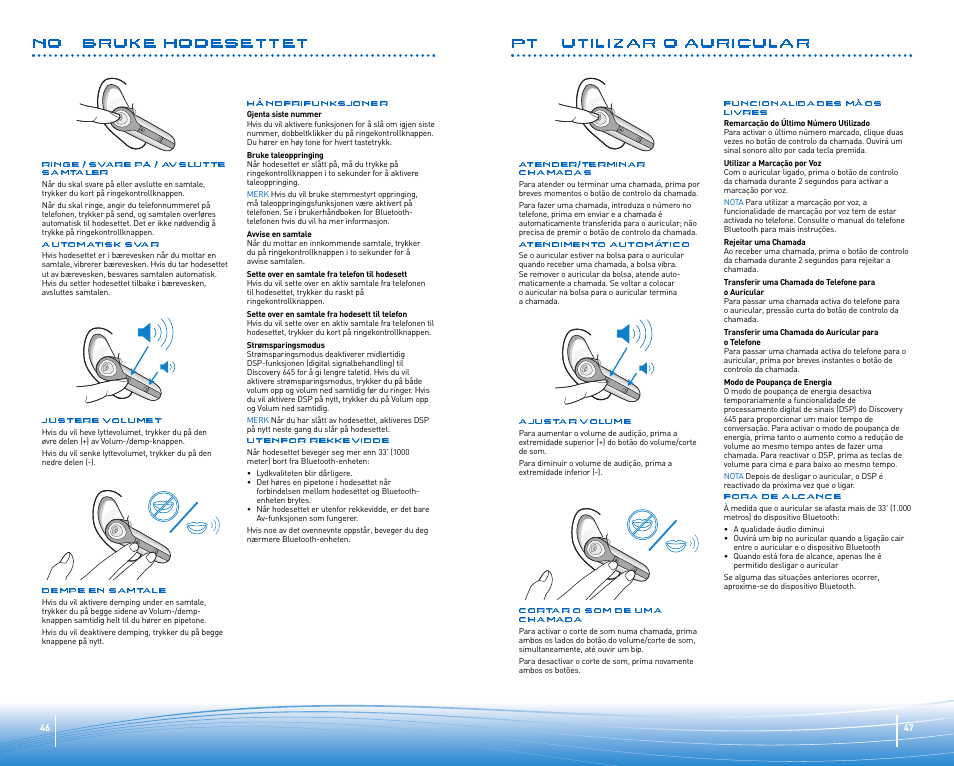 No bruke hodesettet, Pt utilizar o auricular | Plantronics Discovery 645 User Manual | Page 24 / 32