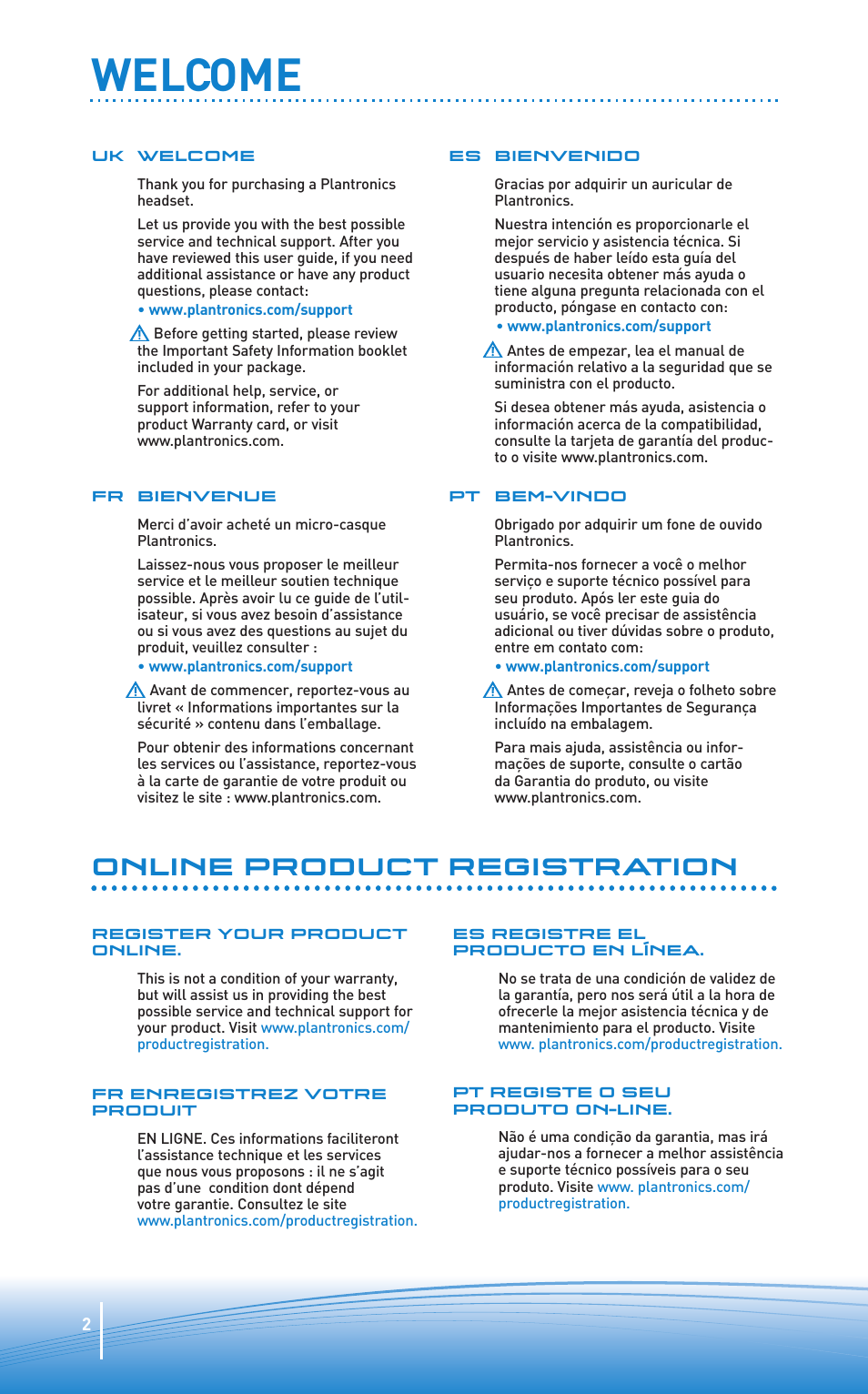 Welcome, Online product registration | Plantronics Oreillette Bluetooth Explorer 350 de Plantronics User Manual | Page 2 / 28
