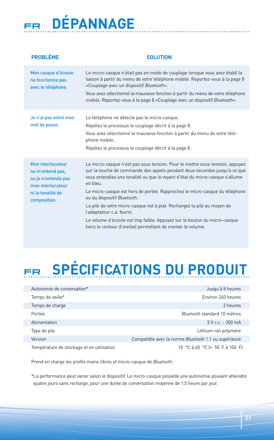 Dépannage, Spécifications du produit | Plantronics Oreillette Bluetooth Explorer 350 de Plantronics User Manual | Page 21 / 28
