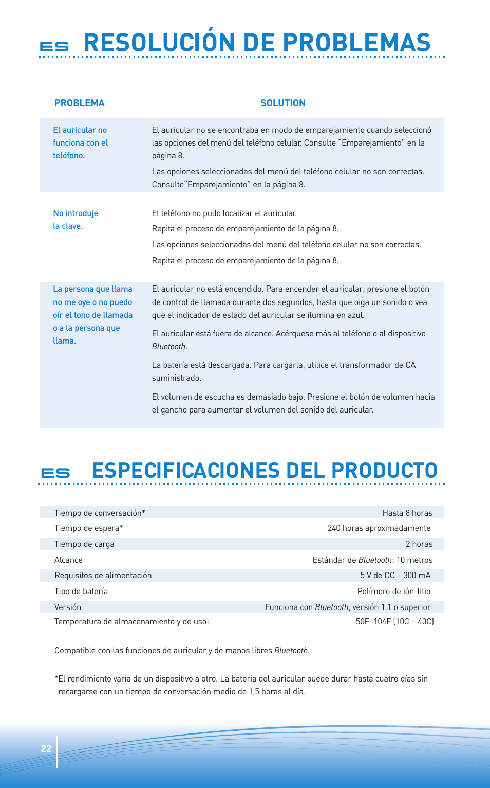 Resolución de problemas, Especificaciones del producto | Plantronics Oreillette Bluetooth Explorer 350 de Plantronics User Manual | Page 22 / 28