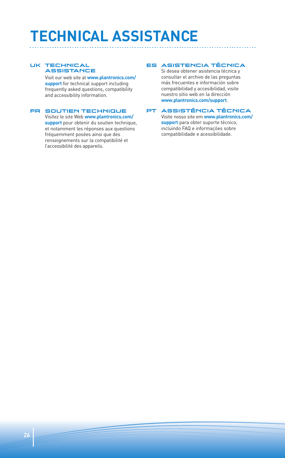 Technical assistance | Plantronics Oreillette Bluetooth Explorer 350 de Plantronics User Manual | Page 26 / 28