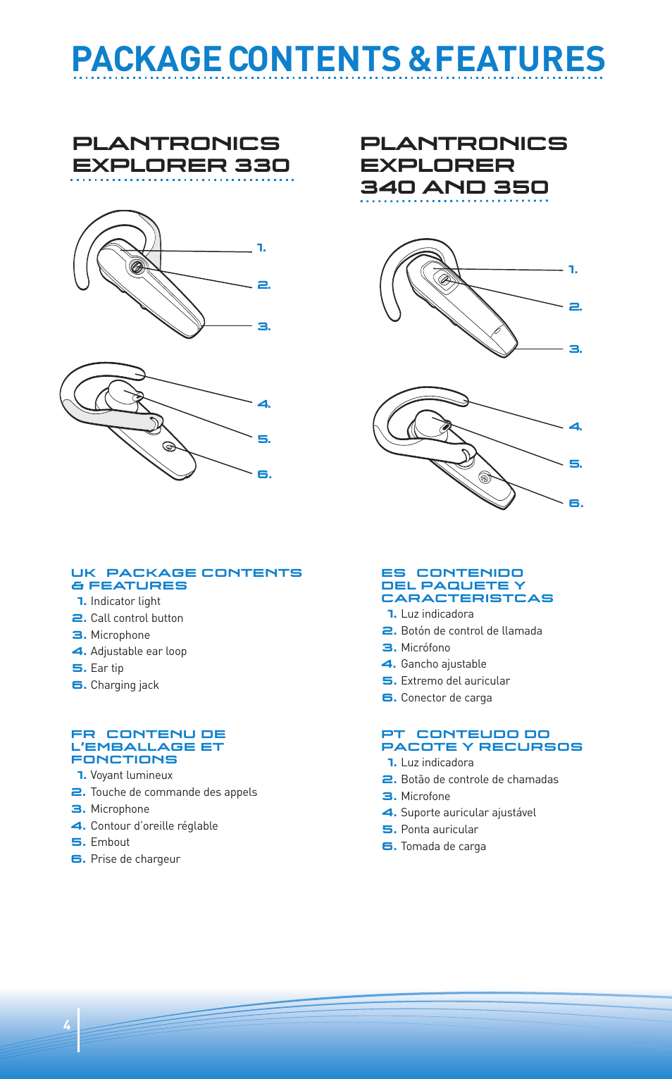Package contents & features, Plantronics explorer 330 | Plantronics Oreillette Bluetooth Explorer 350 de Plantronics User Manual | Page 4 / 28