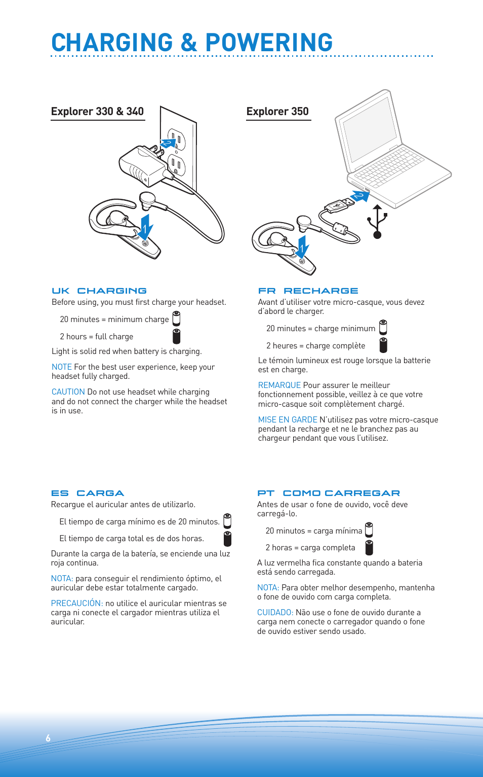 Charging & powering | Plantronics Oreillette Bluetooth Explorer 350 de Plantronics User Manual | Page 6 / 28