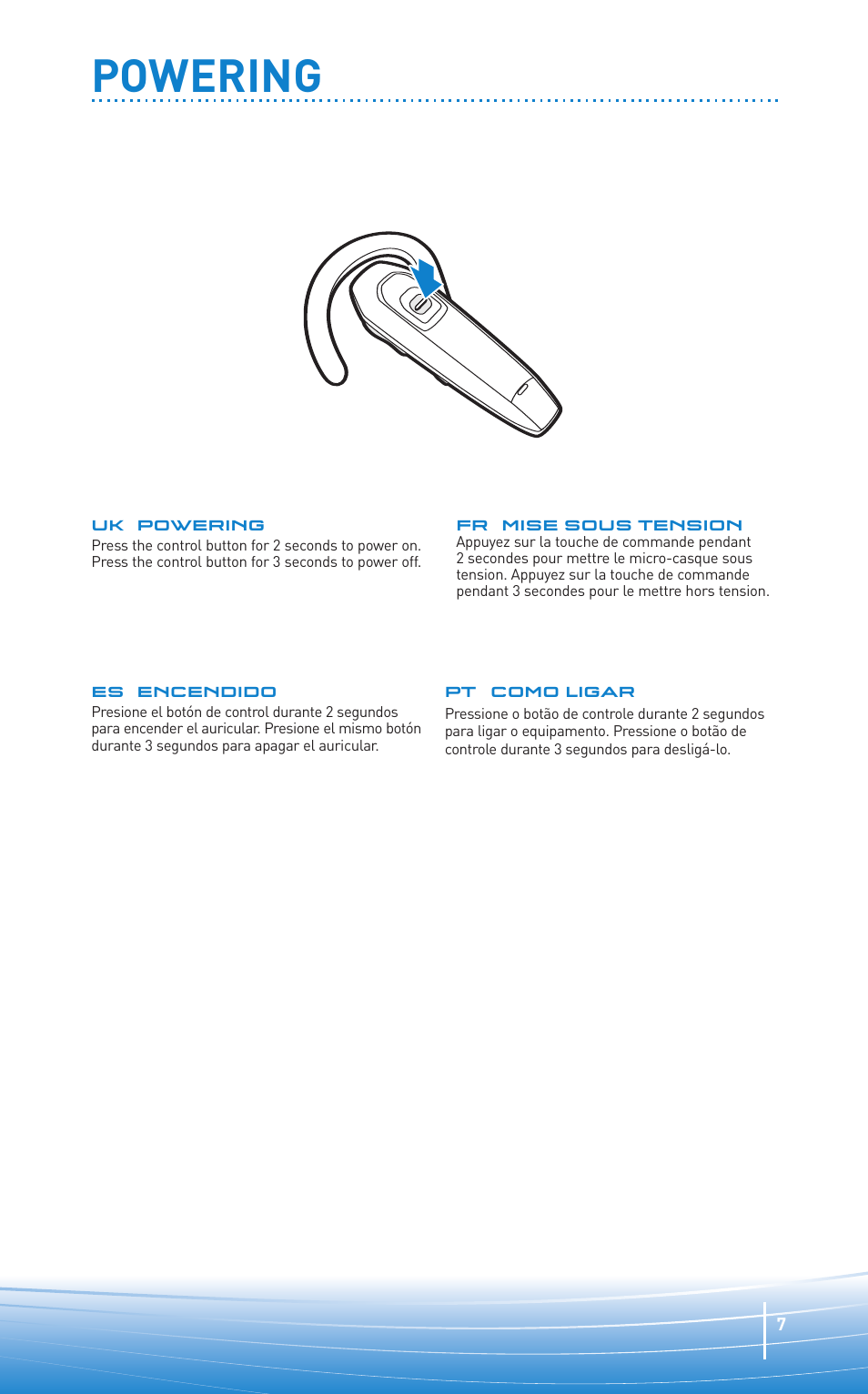 Powering | Plantronics Oreillette Bluetooth Explorer 350 de Plantronics User Manual | Page 7 / 28