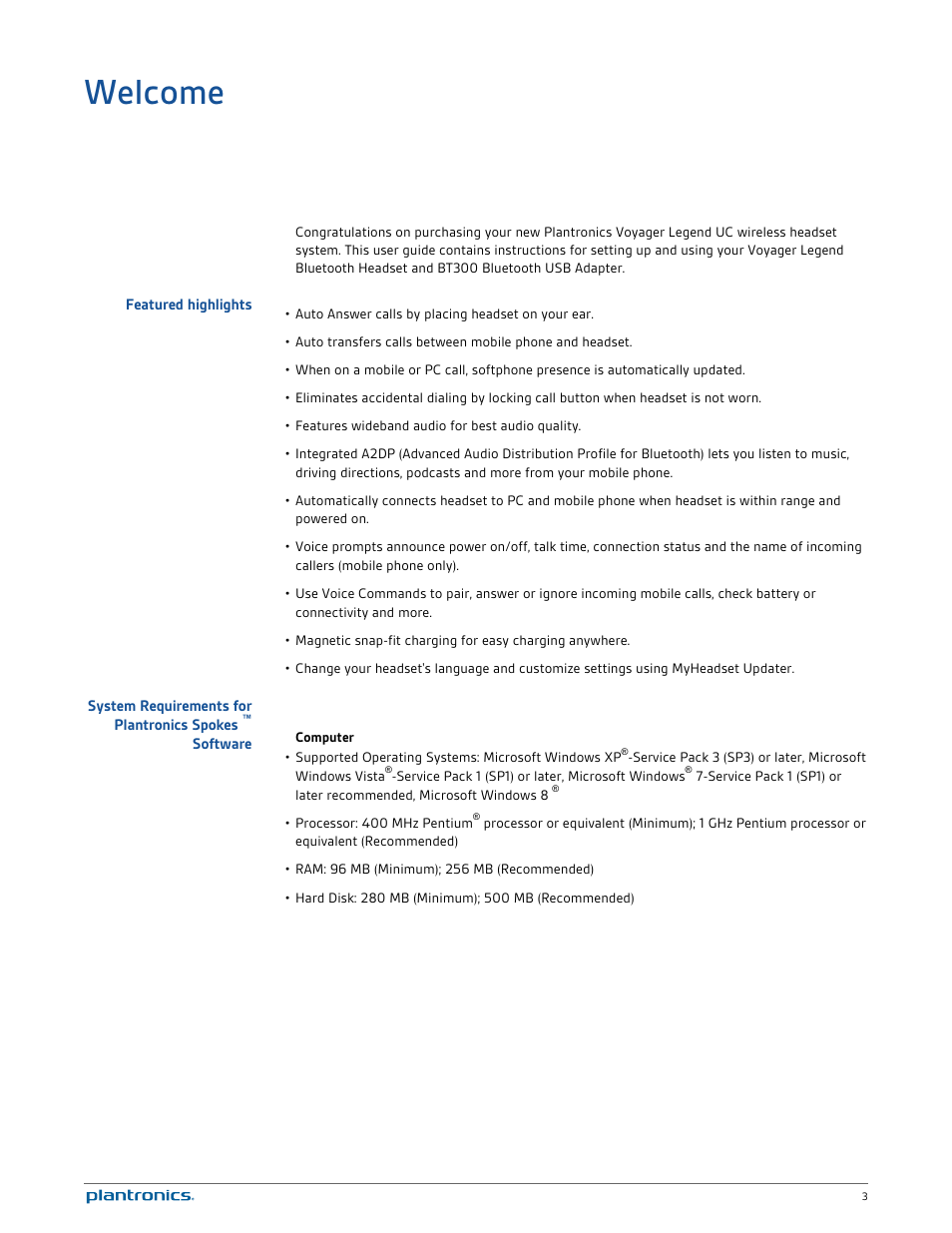Welcome, Featured highlights, System requirements for plantronics spokes | Software | Plantronics Voyager Legend UC User Manual | Page 3 / 18