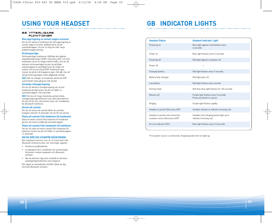 Using your headset gb indicator lights | Plantronics Discovery 665 Bluetooth Headset User Manual | Page 26 / 39
