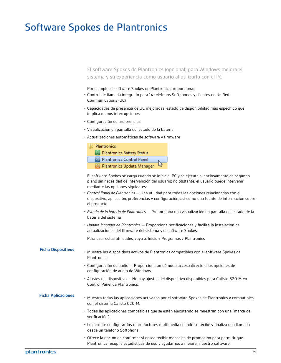 Software spokes de plantronics, Ficha dispositivos, Ficha aplicaciones | Plantronics Calisto 620-M User Manual | Page 15 / 21