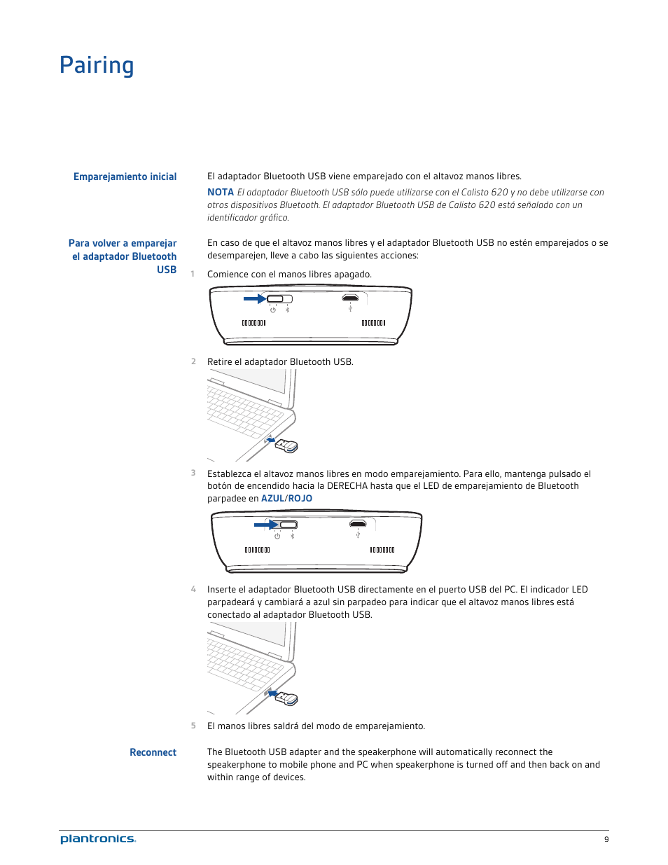 Pairing, Emparejamiento inicial, Para volver a emparejar el adaptador bluetooth usb | Reconnect | Plantronics Calisto 620 User Manual | Page 9 / 21