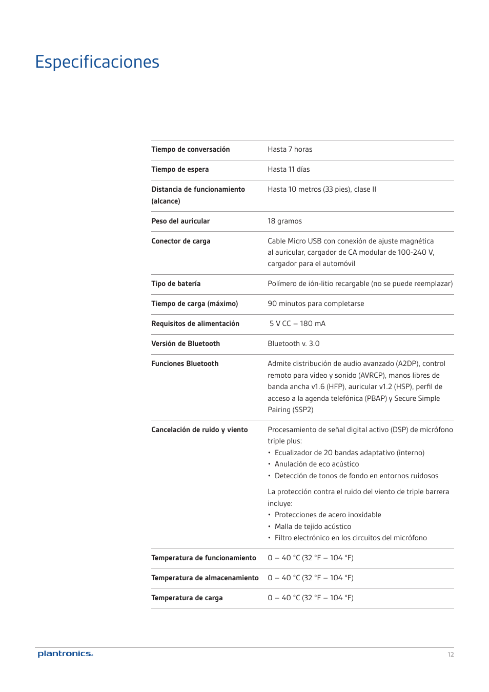 Especificaciones | Plantronics Voyager Legend User Manual | Page 12 / 13