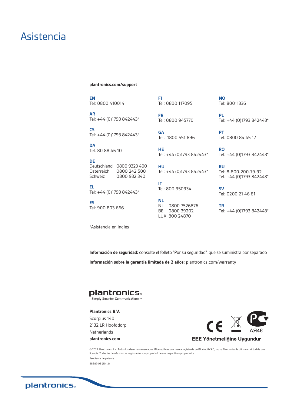 Asistencia | Plantronics Voyager Legend User Manual | Page 13 / 13