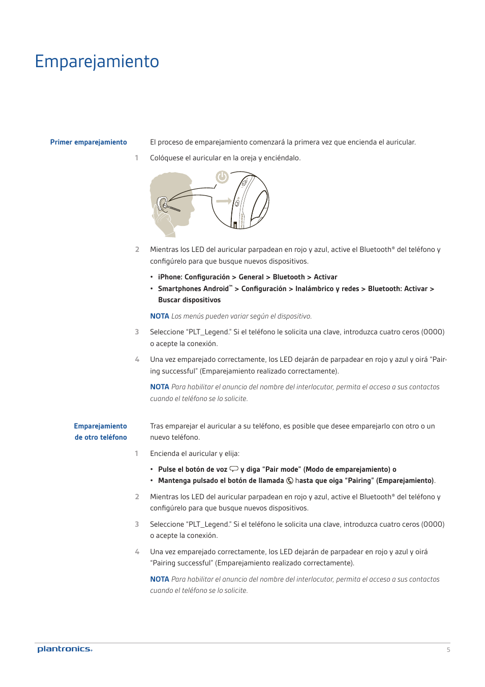 Emparejamiento | Plantronics Voyager Legend User Manual | Page 5 / 13