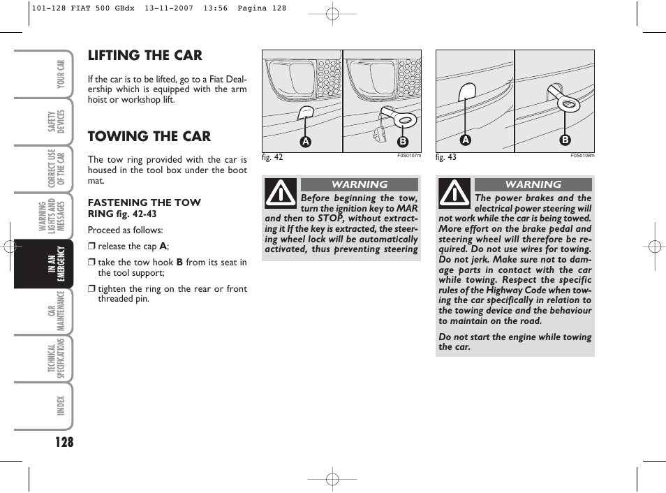 Lifting the car, Towing the car | FIAT 500 User Manual | Page 129 / 178