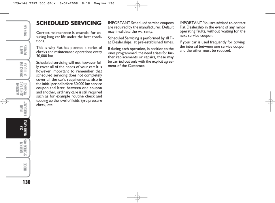 Scheduled servicing | FIAT 500 User Manual | Page 131 / 178