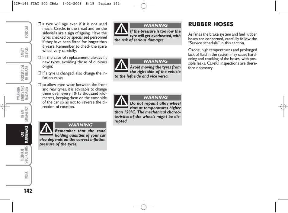 Rubber hoses | FIAT 500 User Manual | Page 143 / 178