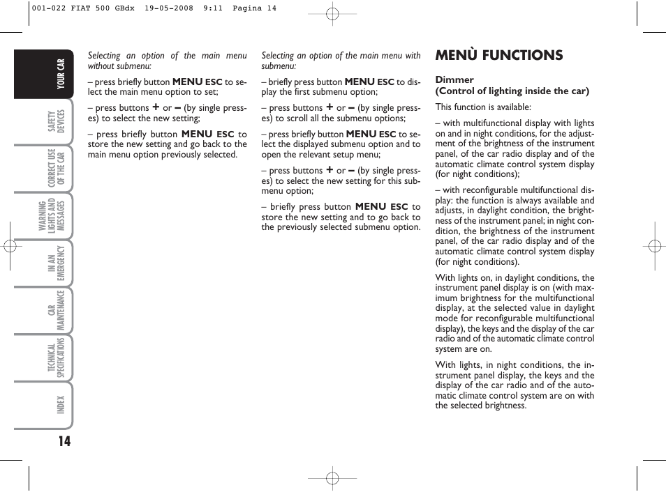 Menù functions | FIAT 500 User Manual | Page 15 / 178