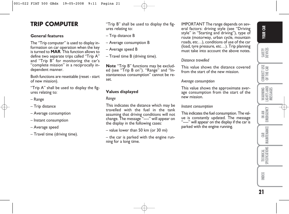 Trip computer | FIAT 500 User Manual | Page 22 / 178