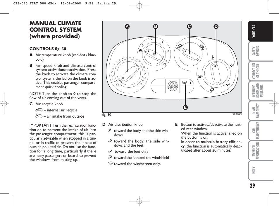 Manual climate control system (where provided) | FIAT 500 User Manual | Page 30 / 178