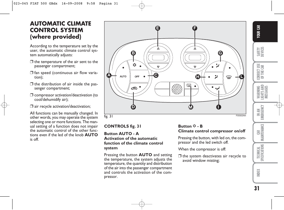 Automatic climate control system (where provided) | FIAT 500 User Manual | Page 32 / 178