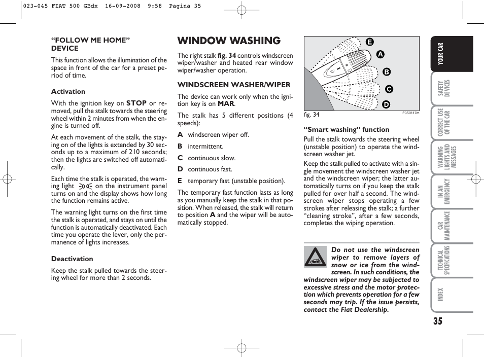 Window washing | FIAT 500 User Manual | Page 36 / 178