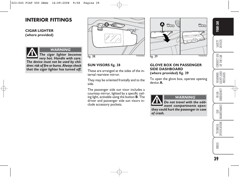 Interior fittings | FIAT 500 User Manual | Page 40 / 178