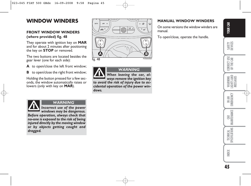 Window winders | FIAT 500 User Manual | Page 46 / 178