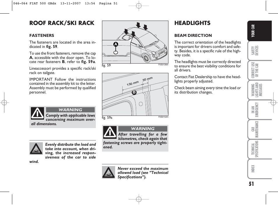 Headlights, Roof rack/ski rack | FIAT 500 User Manual | Page 52 / 178
