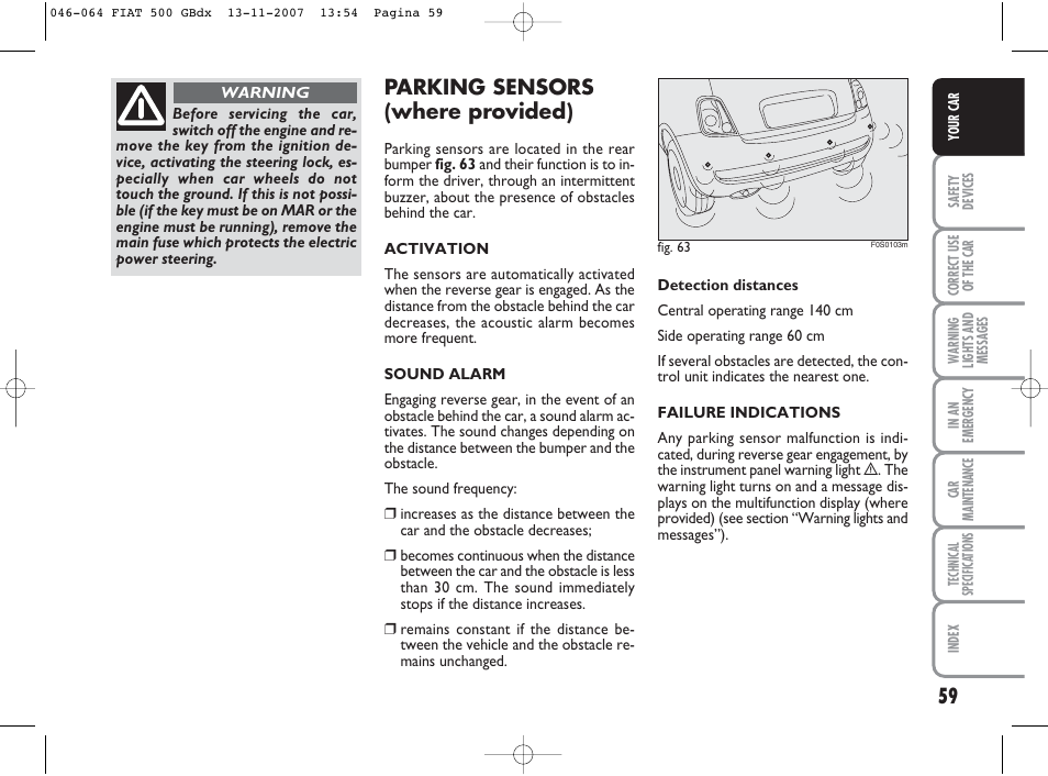 Parking sensors (where provided) | FIAT 500 User Manual | Page 60 / 178