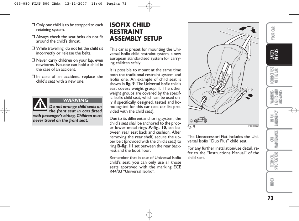 Isofix child restraint assembly setup | FIAT 500 User Manual | Page 74 / 178