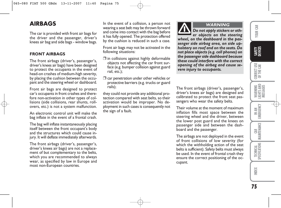 Airbags | FIAT 500 User Manual | Page 76 / 178