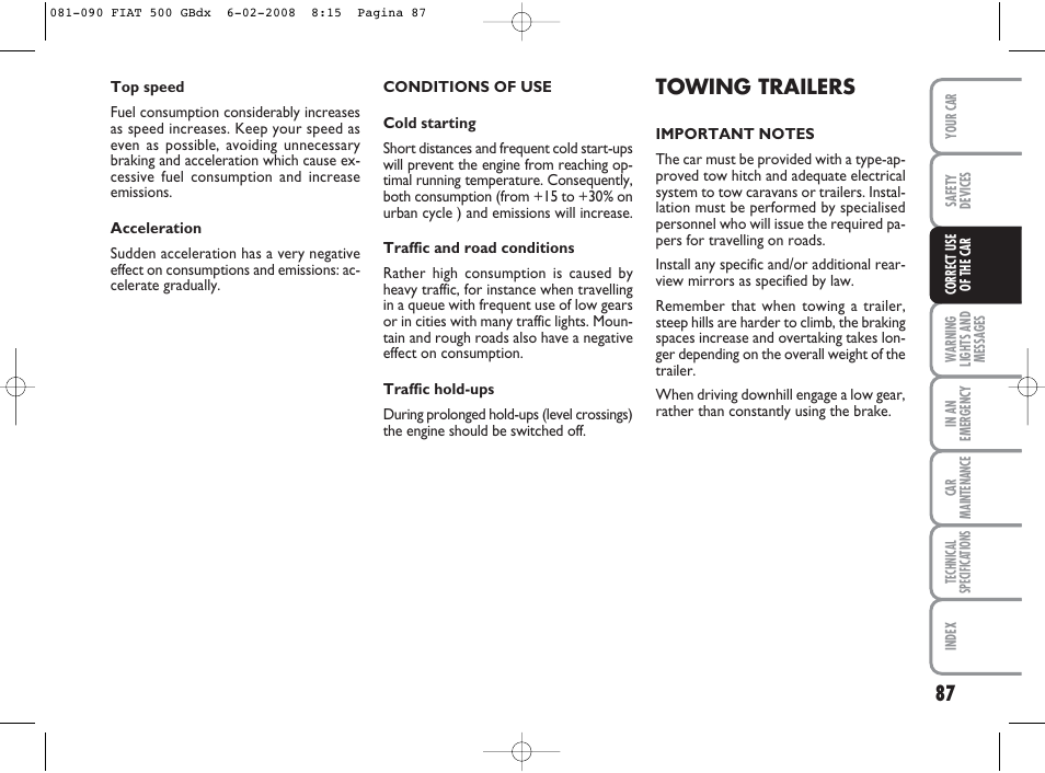 Towing trailers | FIAT 500 User Manual | Page 88 / 178