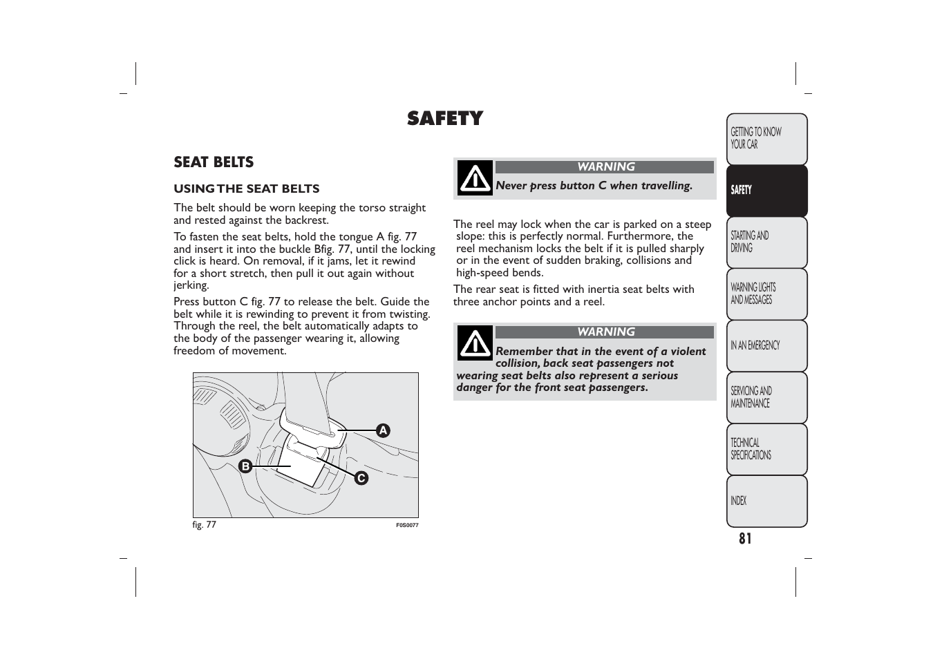 Safety | FIAT 500 User Manual | Page 82 / 218