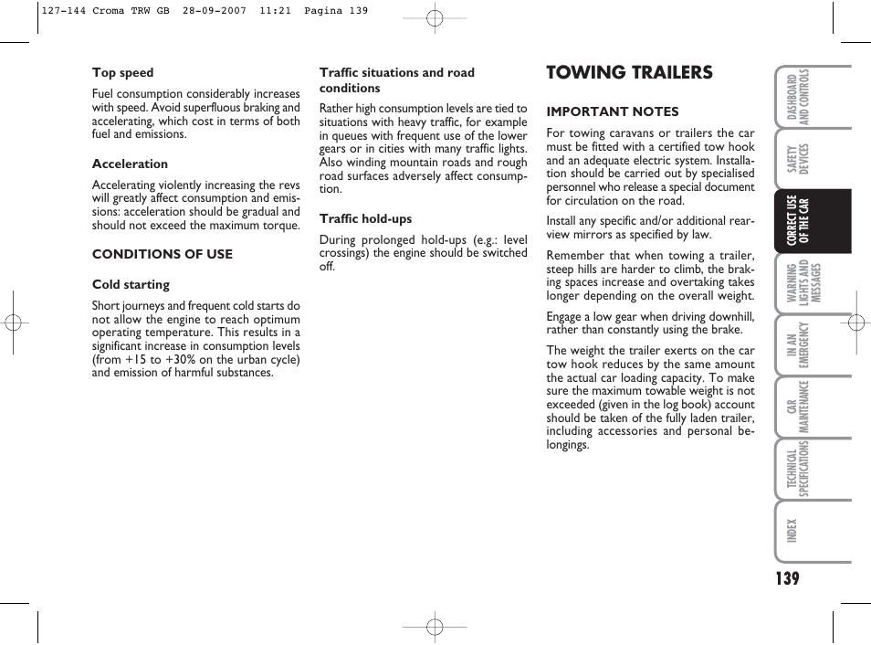 Towing trailers | FIAT Croma User Manual | Page 140 / 258