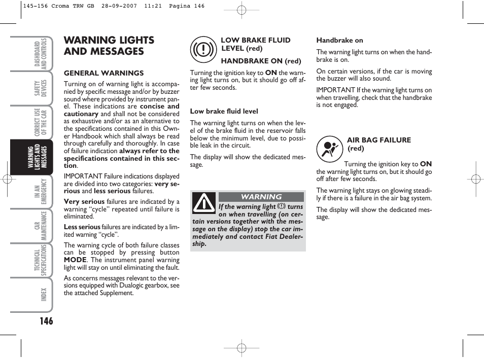 Warning lights and messages | FIAT Croma User Manual | Page 147 / 258