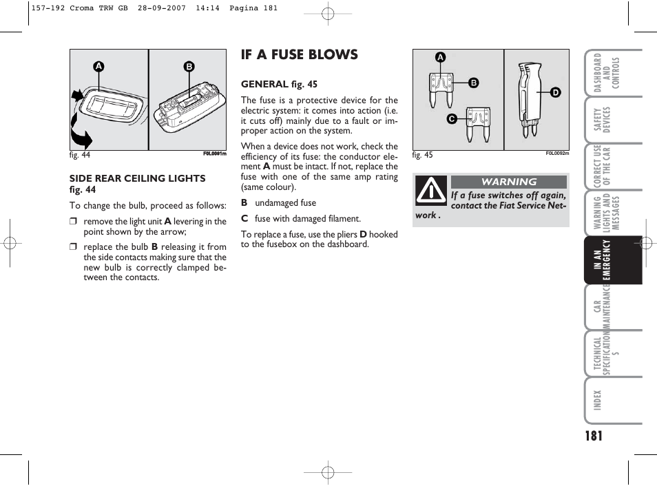 If a fuse blows | FIAT Croma User Manual | Page 182 / 258