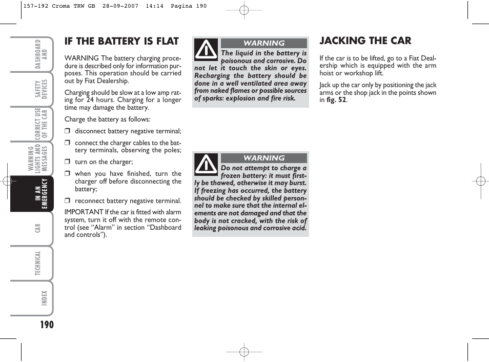 If the battery is flat, Jacking the car | FIAT Croma User Manual | Page 191 / 258